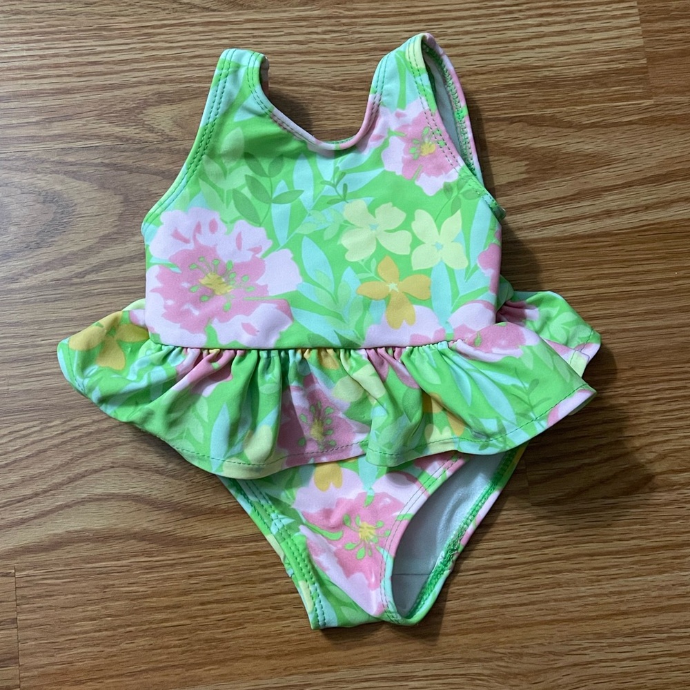 Girls Floral Ruffle One-Piece Swimsuit - Pink & Green